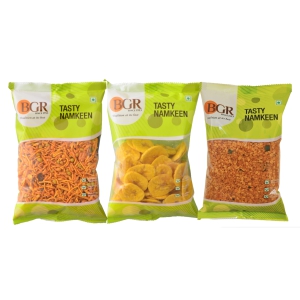 BGR Foods Combo Offer - Garlic Mixture, Salted Banana Chips And Moongdal (575g Pack Of 3) 