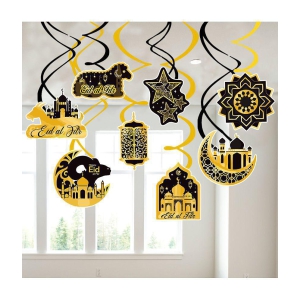 Zyozi ® Ramadan Mubarak Decorations, Eid Umrah Mubarak Hanging Swirls, Shining Gold Star Moon Lantern Ceiling Hanging Decor - Ramadan Mubarak Party Supplies (Pack of 8) - Gold