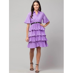 Oceanista Womens Crepe Solid Shirt Collar Flared Lavendar Short Dress-M