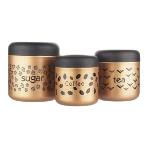 KAVISON Kitchen Stainless Steel Premium Color Coated & Printed Tea Coffee Sugar Canisters/Jar(800ml)(Gold)_Set of 3