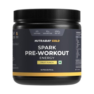 Nutrabay Gold Spark Pre Workout Supplement Powder - 250g, Fruit Punch | 300mg Caffeine, 1000mg L-Arginine, 3000mg Beta Alanine, 2500mg Citrulline Malate | Muscle Pump & Performance | For Men & Women