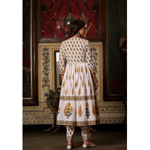 White Cotton Printed Carnation And Leaf Phula Kaalindi Anarkali Set Kurti for Women-L