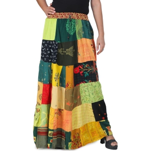 Yellow-Green Printed Long Boho Skirt from Gujarat with Patch Work