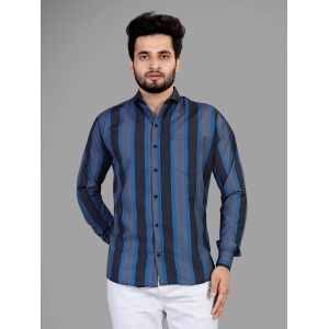 Black and Blue and Grey Cotton Blend Lining Print Casual Shirt-XXL