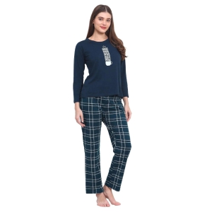 Evian Womens Cotton Check Printed Stylish Night Suit Set of Top & Pyjama Ev14114-M / Blue