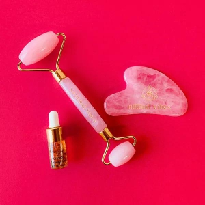 Rose Quartz Face Yoga Massage Roller & Gua Sha Duo with FREE Gold Beauty Elixir Oil 3ml