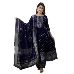 Monika Fashion Rayon Women Printed Kurta Pant and Dupatta Set (Navy Blue)