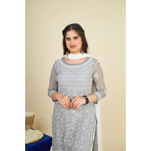 Georgette Chikankari  kurti- Grey-Grey / XXXL