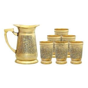 Brass Embossed Engraved Design Jug & Glass Set for Serving Water with 6 Brass Glasses & 1 Jug for Home Decor Drinkware & Tableware (6+1) (1 Jug with 6 Glass)