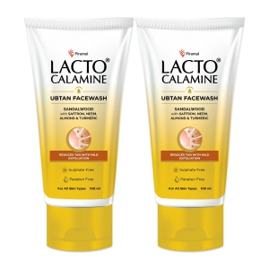 Lacto Calamine Ubtan Facewash with Sandalwood, Saffron, Neem, Almond & Turmeric |Reduces tan with mild exfoliation | Sulphate, Paraben Free| Suitable for all skin types | 100 ml Pack of 2