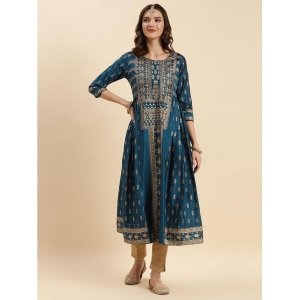 Rangita Women Navy Blue Chanderi Printed Calf Length Anarkali Kurti - None