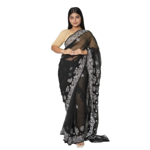 VASU INC. Handmade Lucknow Chikankari Black Saree ms012