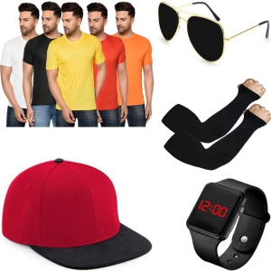 Men's Pack Of 5 Half Sleeves Round Neck T-shirt With Summer Cap Aviator Sunglass And Digital Watch Sun UV Protection Hand Gloves Combo-XL