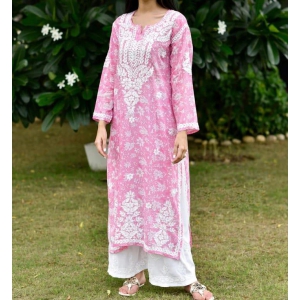 Pure Mulmul Cotton Chikankari Pink kurti