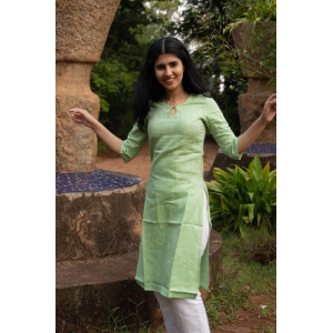 Women Hemp Parrot Green Straight Kurta