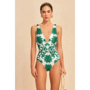 Floral Printed V Neck One Piece Swimwear with Full Length Pant-2XL / Only Swimsuit