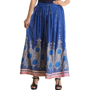 Classic-Blue Embellished Long Skirt with Golden Print and Embroidered Patch Border