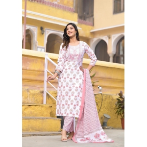 Pink and White Color Straight Kurta set with Dupatta and pant-L