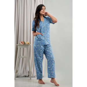 Women Night Suit Set Blue Printed-L