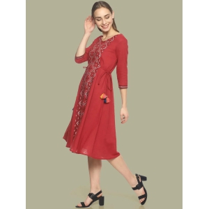 Red Printed A-line Dress With Waist Tie-up-L