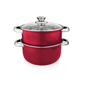 Vinayak International Stainless Steel Steamer 2 Tier with Tempered Glass Lid, Pasta Steamer, Vegetable Steamer, Rice Steamer, Chicken Steamer, Food Steamer 4.5 Liter - Dia - 20 cm Color Red