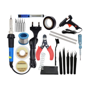 ALDECO: ( 23 in 1 ) Soldering Iron Kit contains- Heavy Iron, 5 Pcs Bit Set, Wire, Flux, Wick, Stand, Cutter, Tape, Tester, Brush, Glue Gun, 2 Glue Stick, 5 Pcs Tweezer Set, Desoldering Pump