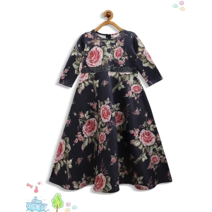 Girls Navy Blue & Pink Floral Printed A-line Kurta