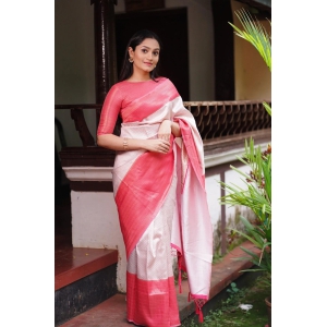 Cream & Pink Border Pure Pure Banarasi Silk With Confounding Blouse Piece