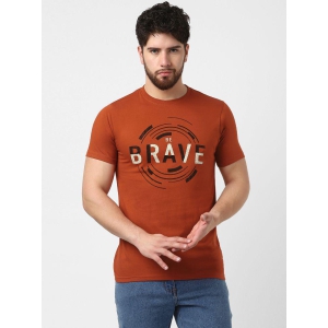 UrbanMark Men 100% Cotton Regular Fit Round Half Sleeves Text Print T Shirt -Rust - None