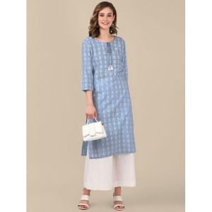 Rangita Women 100% Cotton All Over Ethnic Printed Knee Length Straight Kurti -Light Blue - None