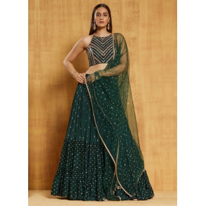 Dark Green Georgette Sequence Ruffle Style Lehenga Choli