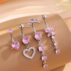 Mixed-Style Belly Button Ring Sets Gold Color Flower Butterfly Dangled Belly Piercing Nombril Heart Sexy Navel Rings for Women-4pcs pink