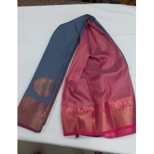 Women Semi Pattu Saree Silk Blend Saree boder butta , grey color saree with pink color pallu and blouse