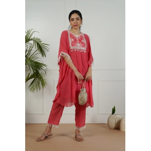 Bright Coral Kaftan Set with embroidered yoke-XS