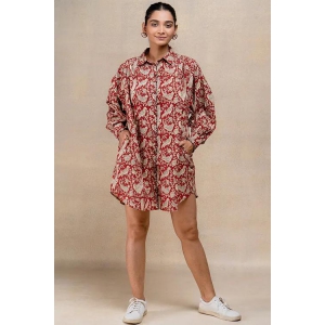 Okhai Jovial Handblock Printed Pure Cotton Antifit Shirt Dress-XS-S