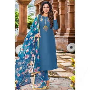 Sea Blue Chanderi Cotton Indian Churidar Suit With Zari Work