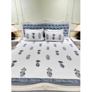 Hand Block Mulmul Cotton Bedcover | Firdaus Blue Bedcover-Super King