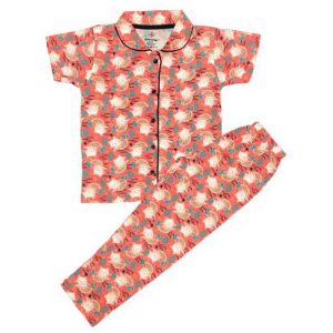 Girls Premium Cotton Night Dress | Night Suit | Shirt & Pyjama Set with Button-11-12 years / Peach