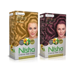 Nisha Cream Hair Color 100% Grey Coverage Permanent Hair Color Golden Blonde and Wine Burgundy 150 mL Pack of 2