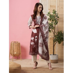 Maroon Polyester Kurta, Pant, and Dupatta Set - Graphic Print Calf-Length Ensemble-XXL