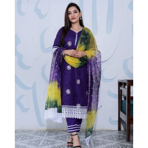 Regal Kota Doria Purple Suit With Hand Bandhej Dupatta-34 (S)