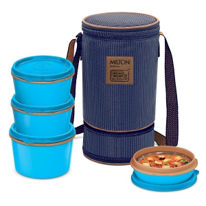 Milton Flexi 3 Plus 1 Inner Stainless Steel Lunch Box with Jacket (Set of 4 - Blue)