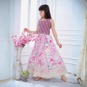 Digital Floral Print Pink and Rani Pink Lehenga/Ghagra With Rani Pink Sequin Work Choli-22 (3-4 years)