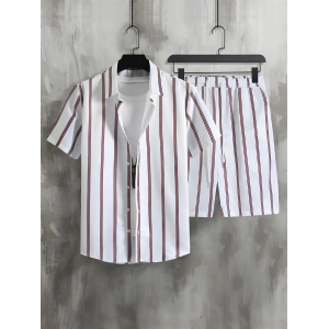 Maroon Striped Printed White Mens Shirt And Shorts Set Short Sleeve-XXL-48.5