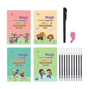 Magic Practice Copy Book for Pre-School Kids, Re-Usable Drawing, Alphabet, Numbers and Math Exercise Notebook, English Magic Book for Children (4 x Books,10 x Refill,1 x Pen,1 x Grip)