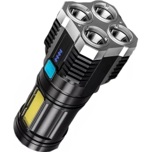 4-core Super Bright Flashlight LED Torch Strong Light USB Rechargeable Outdoor Multi-Function Lamp Tactical Camping Searchlight COB Light,Black (Black) (Modern)