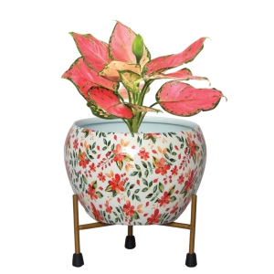 Lio White Floral Metal Pot with Stand-1