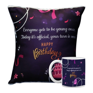 HOMETALES - Happy Birthday Printed Gifting Cushion With Filler Purple (12X12 Inch) With Coffee Mug