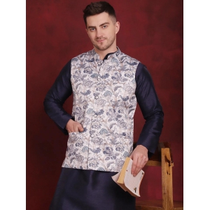 White Floral Printed Nehru Jacket With Kurta Pyjama Set-L / White