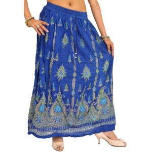 Snorkel-Blue Long Skirt With Printed Flowers and Embroidered Sequins